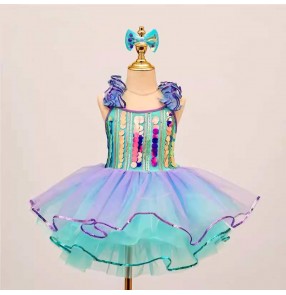 Children girls jazz dance ballet dress tutu skirts Turquoise sequins choir singers host party gown kindergarten sequin princess flowers girls dress